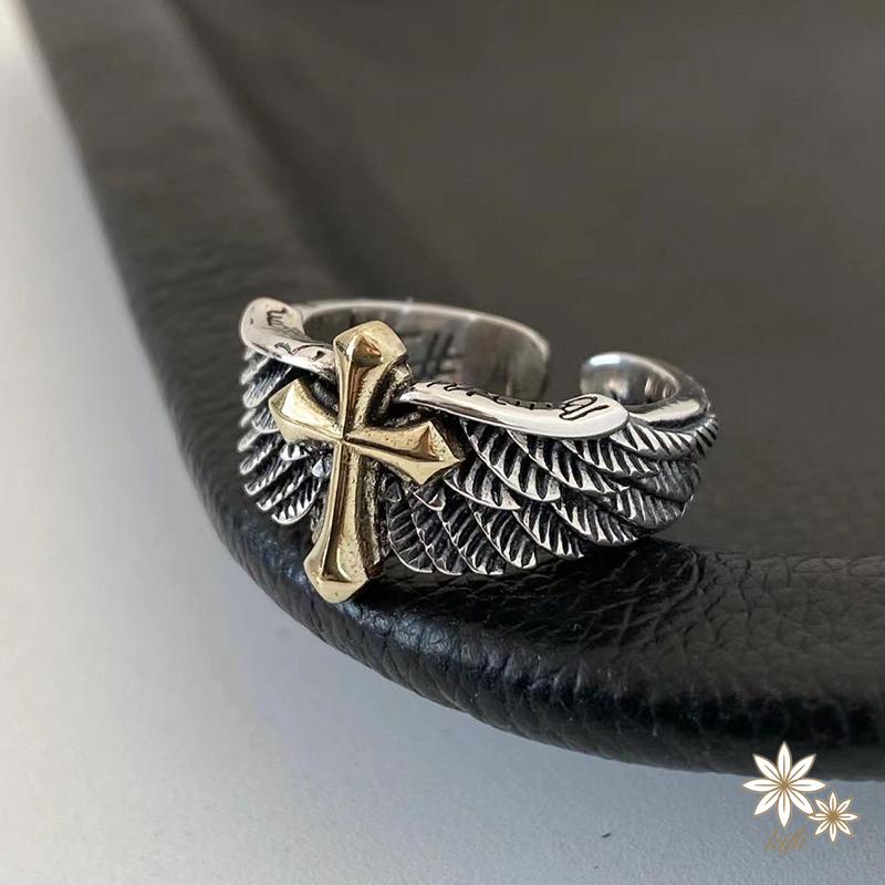 Nhẫn Hở In Chữ Thập Và Đôi Cánh Graffiti Cá Tính Phong Cách Vintage Cho Nam