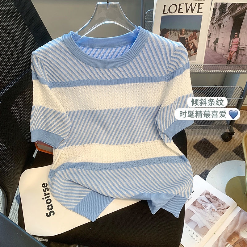Áo Sweater Tay Ngắn Chất Lụa Lạnh Họa Tiết Kẻ Sọc Thời Trang Mùa Hè 2023 Cho Nữ