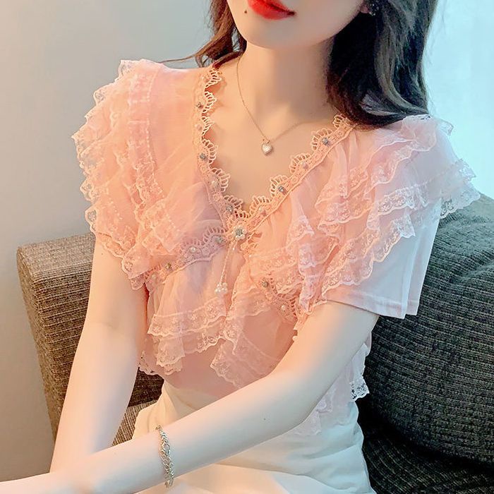 Áo Thun Ngắn Tay Cổ Chữ V Phối Ren Bèo Đính Hạt Ngọt Ngào Thời Trang Mùa Hè Phong Cách Mới 2023