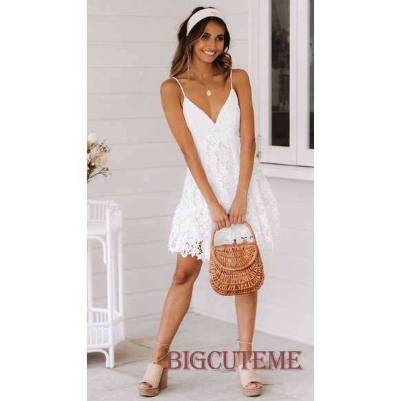 [] - Đầm Hai Dây Cổ Chữ V Màu Trắng Trơn Mini Thời Trang Mùa Hè Cho Nữ