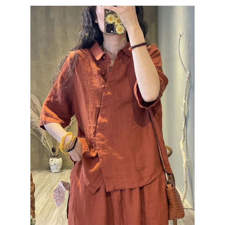 Set Áo Sơ Mi Và Quần harem Dài Đến Mắt Cá Chân Bằng Vải cotton Lanh Cài Nút Thiết Kế Thời Trang Mùa Hè Kiểu Mới Dành Cho Bạn Nữ