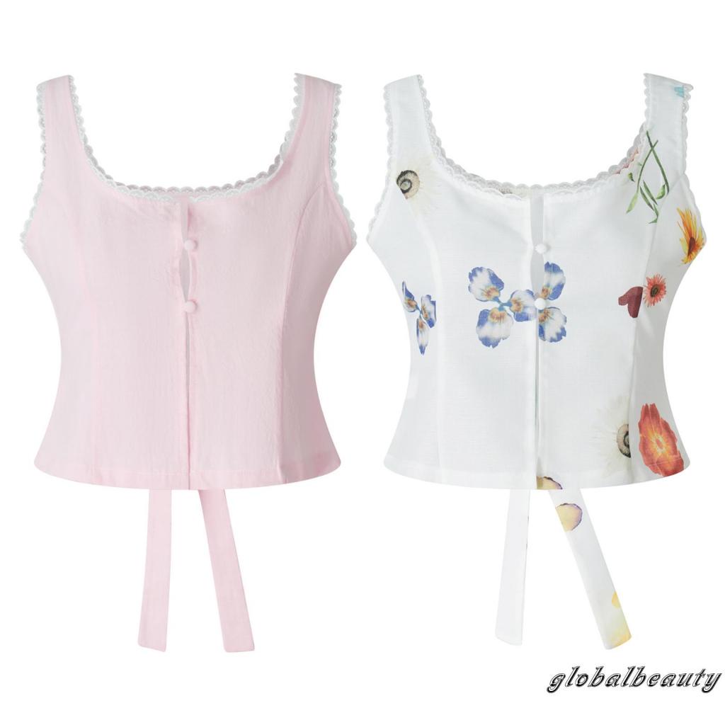 Áo Croptop Sát Nách Phối Ren Cài Nút Thời Trang Mùa Hè Cho Nữ