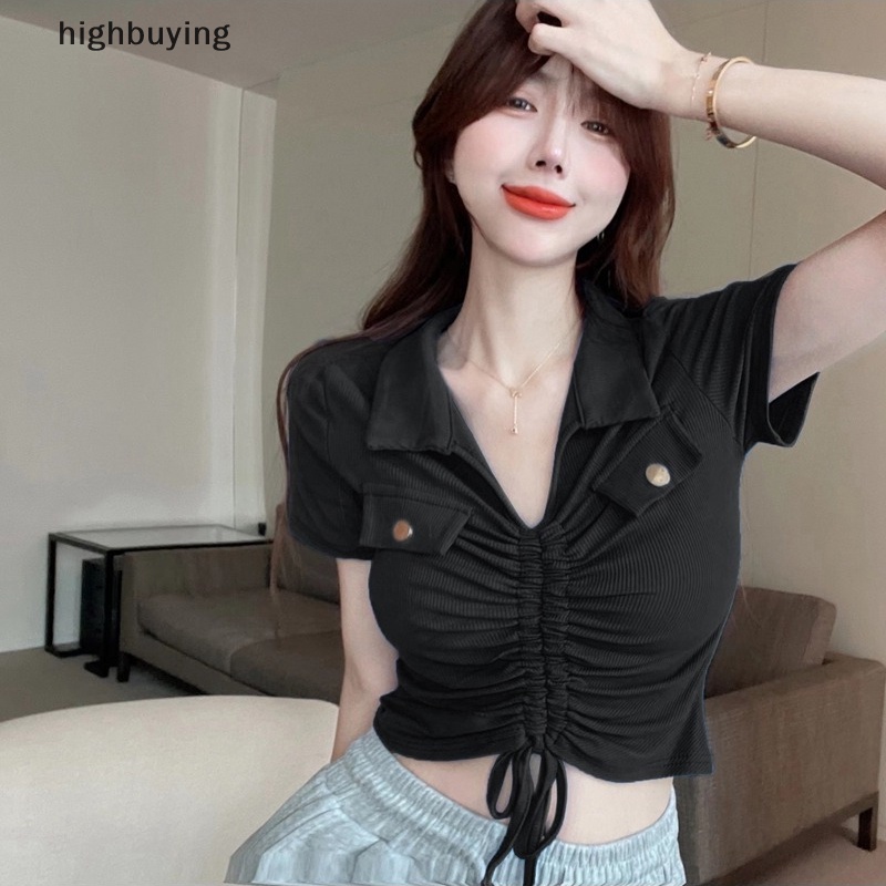 Áo Thun Lửng Tay Ngắn Cổ Chữ V Màu Sắc Đơn Giản Cho Nữ