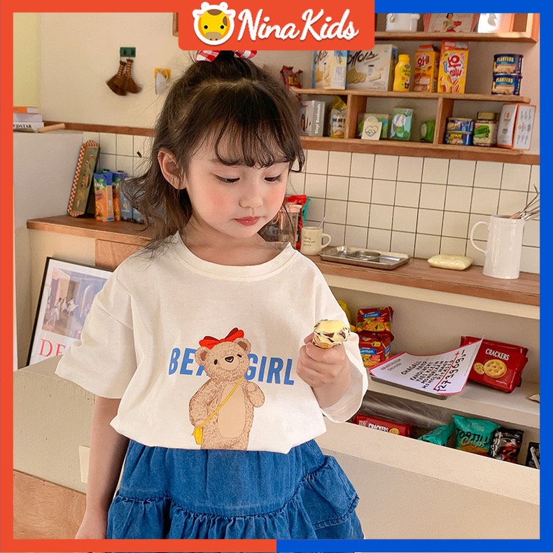 Áo Thun Cotton In Hình Gấu Nhỏ Dễ Thương Phong Cách Hàn Quốc Cho Bé Gái 0-7 Tuổi