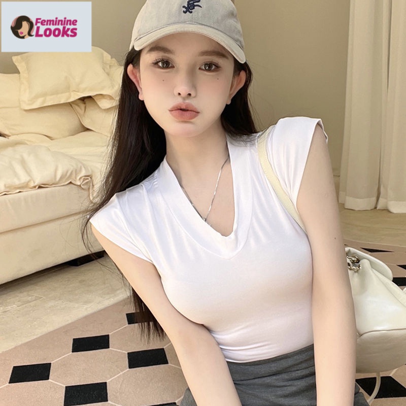 Áo Thun Sát Nách Cổ Chữ v Ôm Dáng Quyến Rũ Thời Trang Phong Cách Hồng Kông