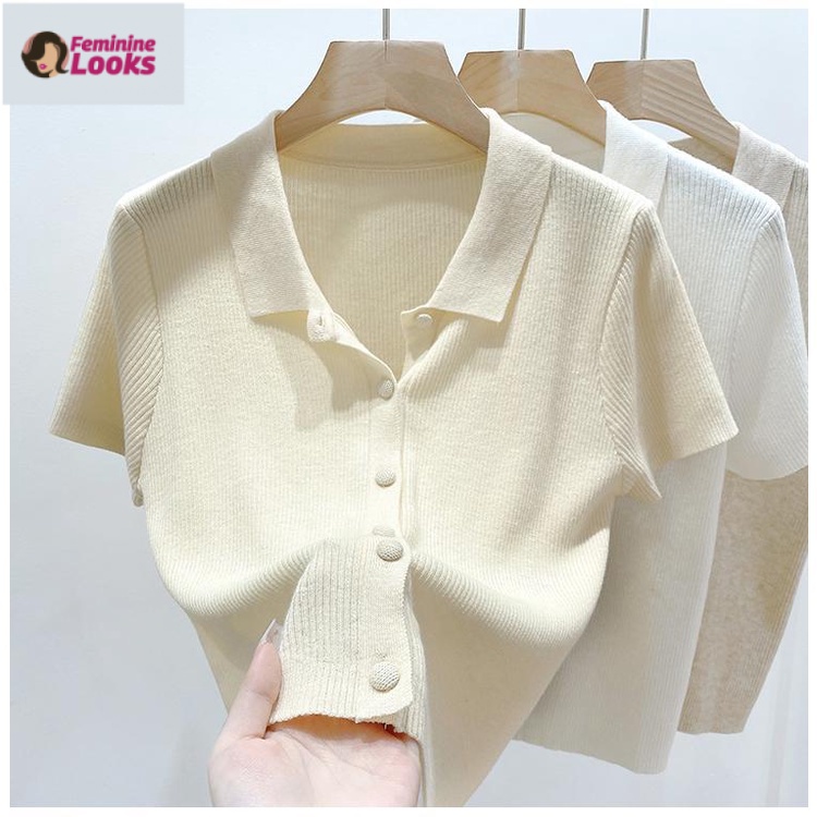 Áo Thun Polo Dệt Kim Tay Ngắn Màu Sắc Xinh Xắn Cho Nữ