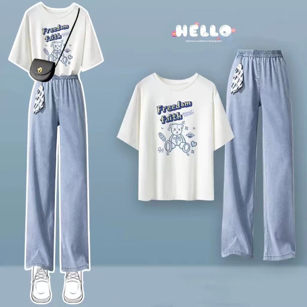 Set Áo Thun Tay Ngắn Dáng Rộng + Quần Jean Ống Rộng Thời Trang Hè 2023 Phong Cách Hàn Quốc Cho Nữ
