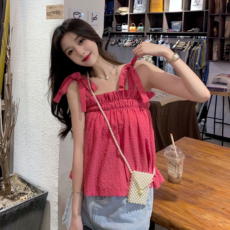 Áo Tank Top Sát Nách Màu Trơn Cổ Thắt Nơ Dáng Suông Thời Trang 2023