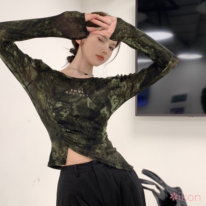 Áo Thun Croptop Tay Dài Cổ Tròn Nhuộm Màu Phong Cách Hàn Quốc Thời Trang Cho Nữ