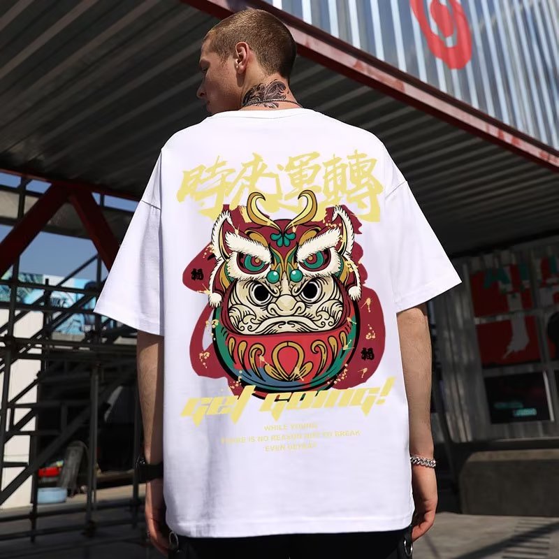 Có size lớn M-8xl Áo thun unisex nam nữ form rộng tay lỡ phông Cotton In Họa Tiết Sư Tử Hoạt Hình Phong Cách Trung Hoa Thời Trang Cho Nam