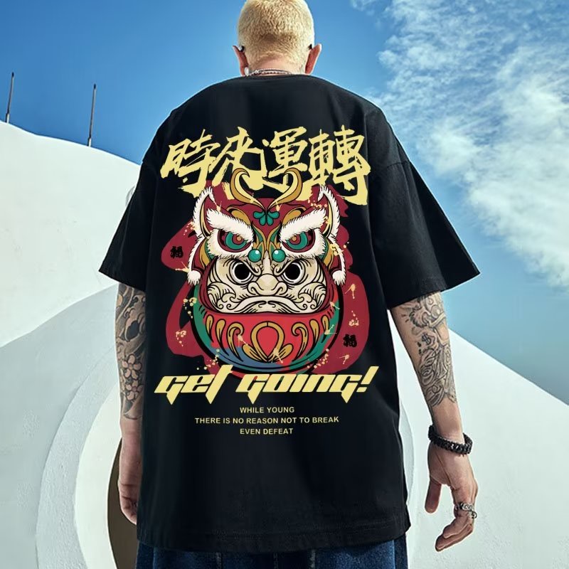 Có size lớn M-8xl Áo thun unisex nam nữ form rộng tay lỡ phông Cotton In Họa Tiết Sư Tử Hoạt Hình Phong Cách Trung Hoa Thời Trang Cho Nam