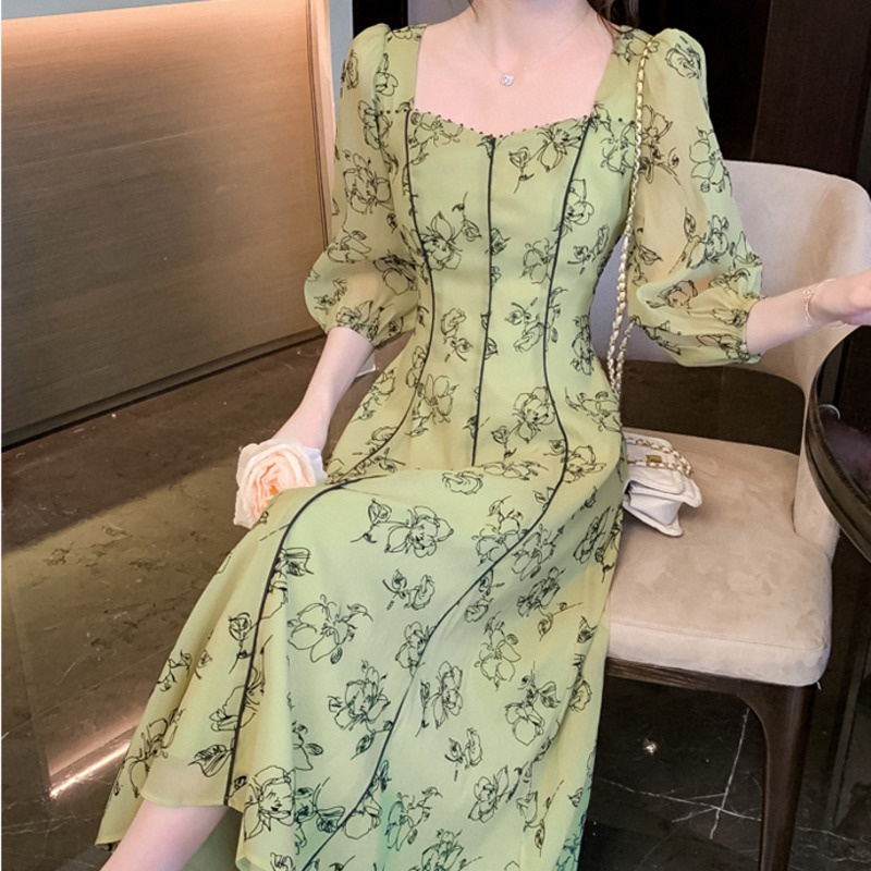 Đầm Hoa Tay Lỡ Phối Dây Rút Thời Trang Xuân Hè Trẻ Trung