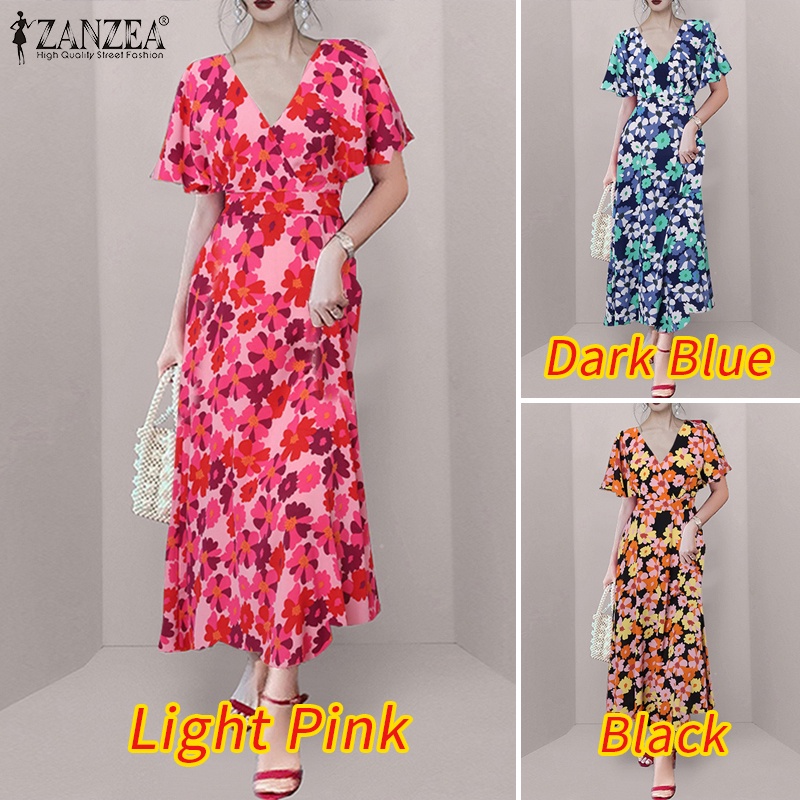 Đầm ZANZEA ngắn tay cổ chữ V in hoa thời trang cho nữ