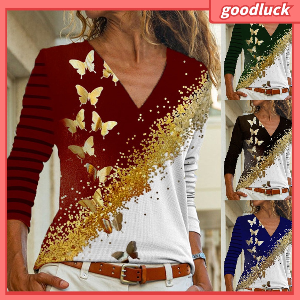 Áo Thun Nữ Tay Dài Cổ Chữ V In Hình Bướm Thời Trang