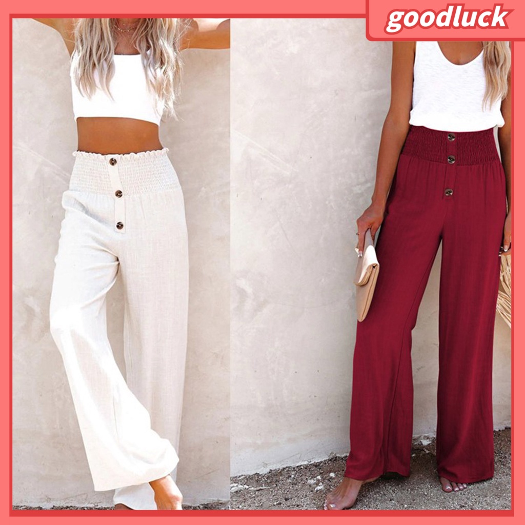 Quần Dài Ống Rộng Lưng Cao Màu Trơn Cài Nút Thoải Mái Thời Trang Cho Nữ