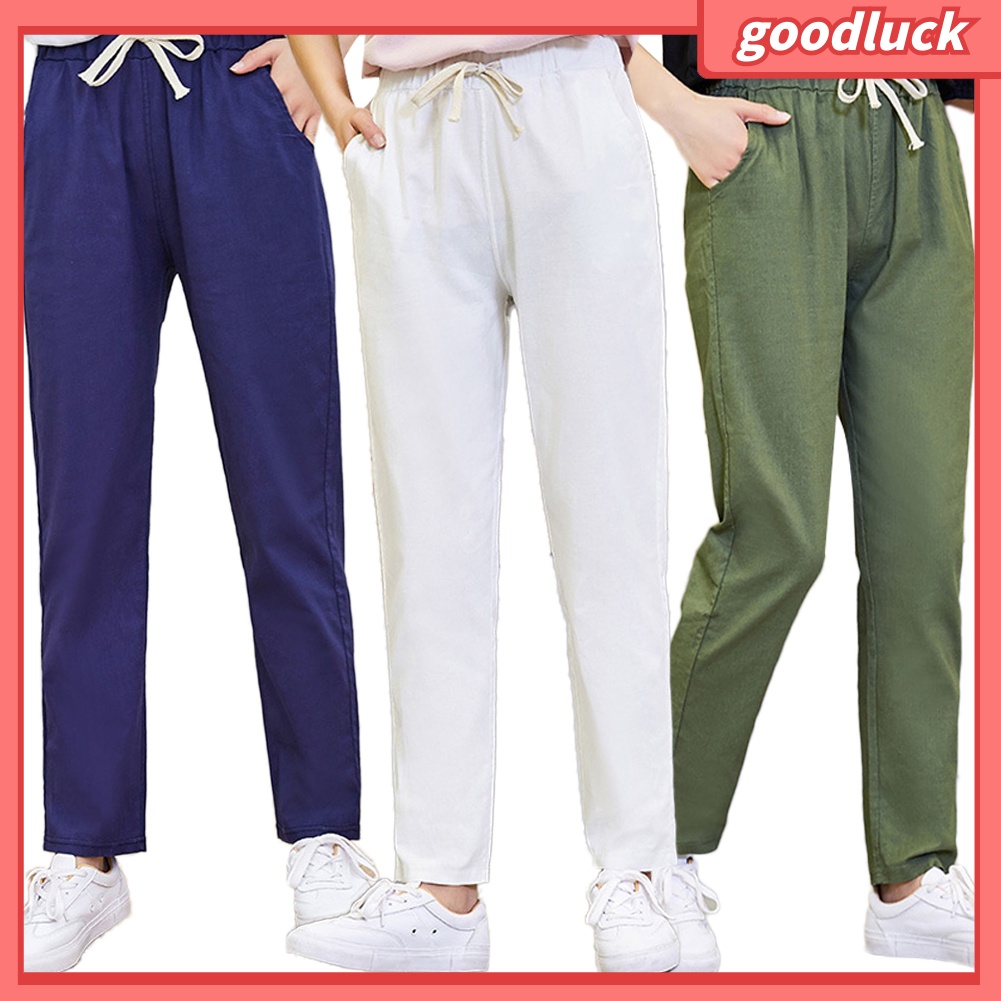 Quần Harem Vải Lanh Màu Trơn Dáng Rộng Có Túi Dây Rút Dành Cho Nữ