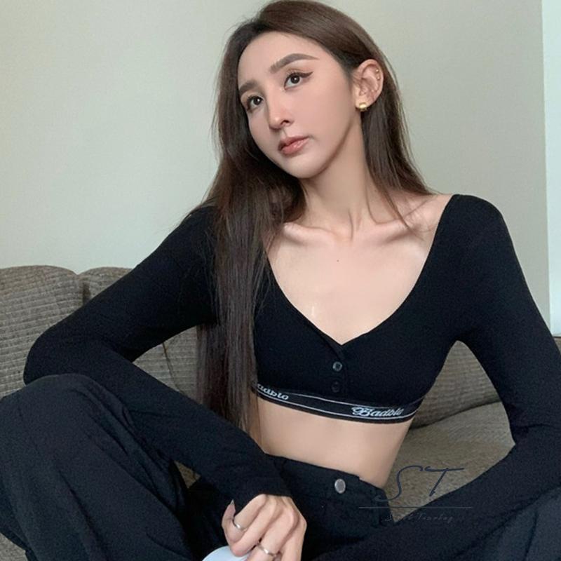 Áo Thun Crop Top Tay Dài Cổ Chữ V Cài Nút In Họa Tiết Chữ Thời Trang Xuân Thu Cho Nữ CY03