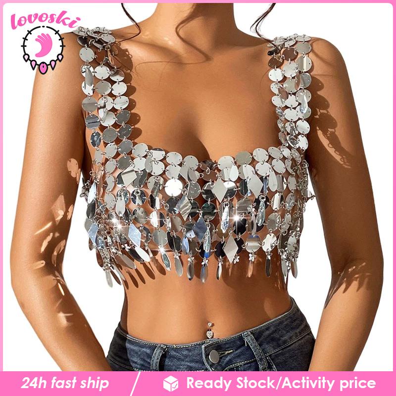 Áo Crop Top Đính Kim Sa Lấp Lánh Dành Cho Múa Bụng Lễ Hội
