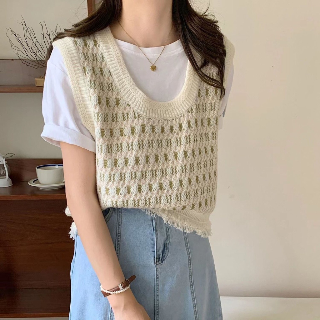 Áo Len Không Tay Họa Tiết Kẻ Sọc Thiết Kế Mới Thời Trang Mùa Thu Dành Cho Nữ
