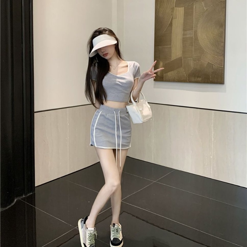 COZOK Bộ Áo Thun Ngắn Tay Ôm Dáng + Chân Váy Lưng Cao Thời Trang Gợi Cảm