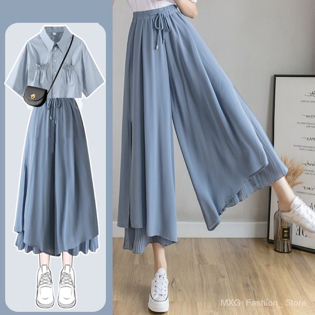 Bộ Áo Sơ Mi + Quần Short Hakama Dáng Rộng Thời Trang Mùa Hè 2023 Phong Cách Hàn Quốc Cho Nữ