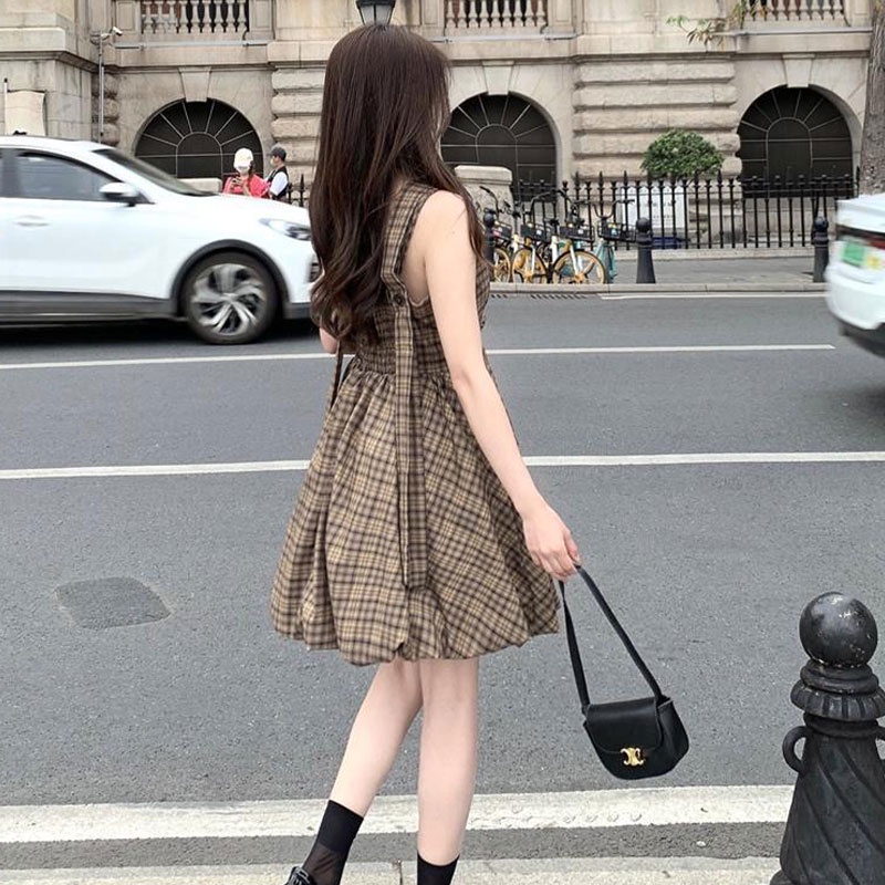 Đầm Hai Dây Ôm Eo Họa Tiết Sọc Caro Phong Cách Pháp Thời Trang Cao Cấp Cho Nữ