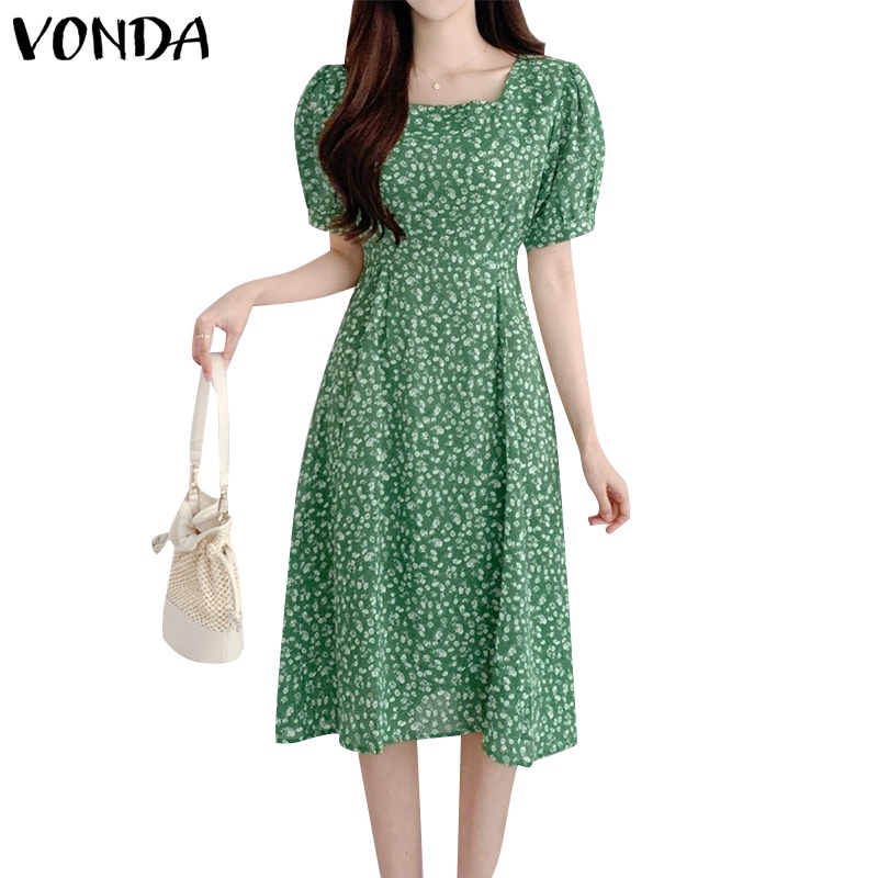 Đầm Dáng Chữ A Cổ Vuông Tay Phồng In Họa Tiết Hoa Phong Cách Hàn Quốc Thời Trang Cho Nữ