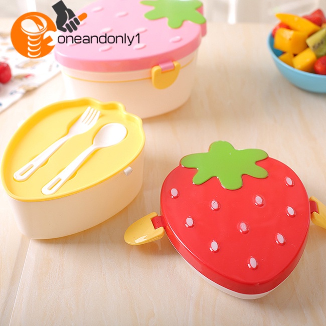 Hộp cơm 2 Tầng Cỡ Lớn Kèm Muỗng Nĩa Họa Tiết Dâu Tây Dễ Thương Cho Bé
