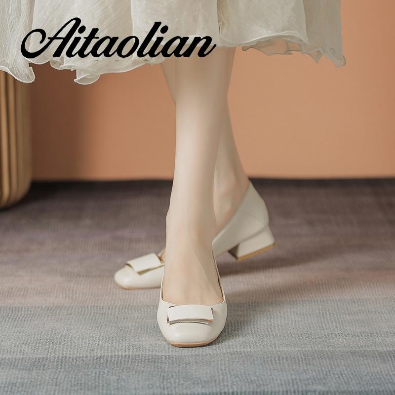 Giày Cao Gót 3cm Da Thật Mũi Vuông Kiểu retro Anh Xinh Xắn Cho Nữ