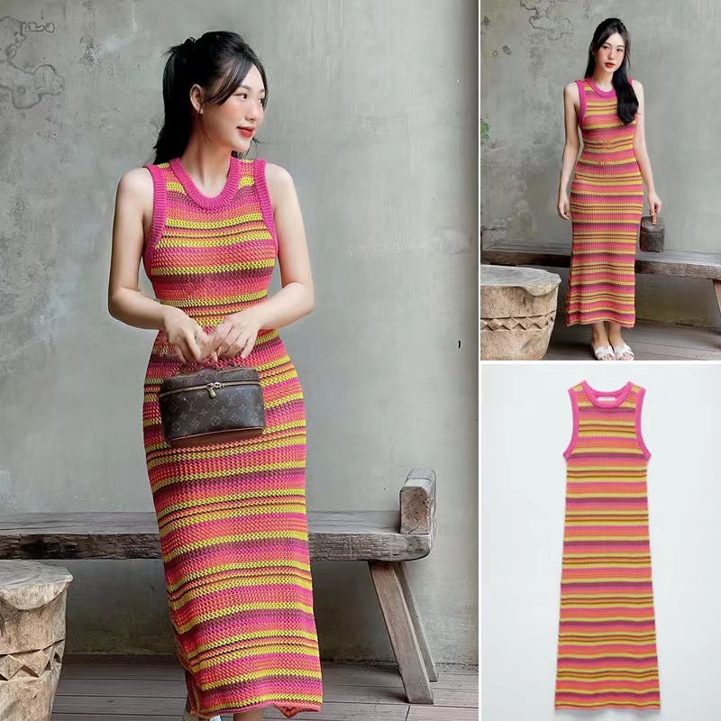 Đầm Dài Dệt Kim Cổ Tròn Không Tay Nhiều Màu Sắc Họa Tiết Kẻ Sọc Thời Trang Mùa