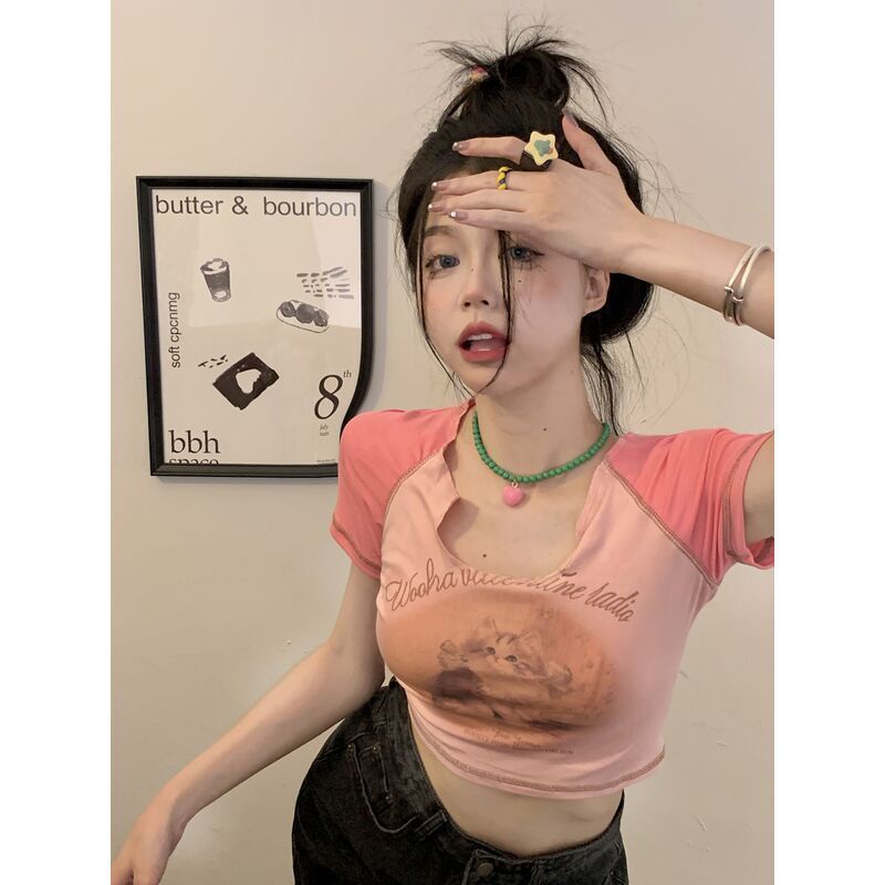 Áo baby tee Thun croptop Tay Ngắn Cổ Chữ U Dáng Ôm In Hình Mèo Màu Sắc Ngọt Ngào Thời Trang Mùa Hè Cho Bạn Gái