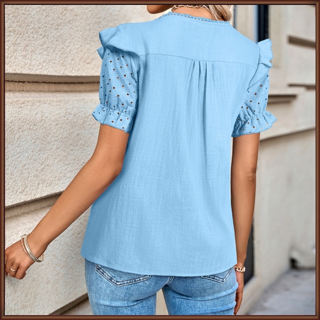 Áo Kiểu Tay Phồng Ngắn Cổ Chữ V Màu Sắc Đơn Giản Thời Trang Đi Biển Cho Nữ