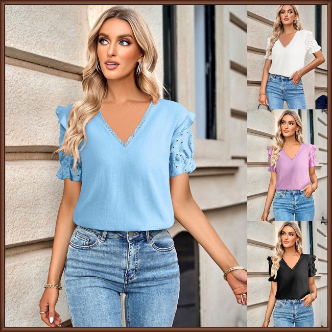 Áo Kiểu Tay Phồng Ngắn Cổ Chữ V Màu Sắc Đơn Giản Thời Trang Đi Biển Cho Nữ