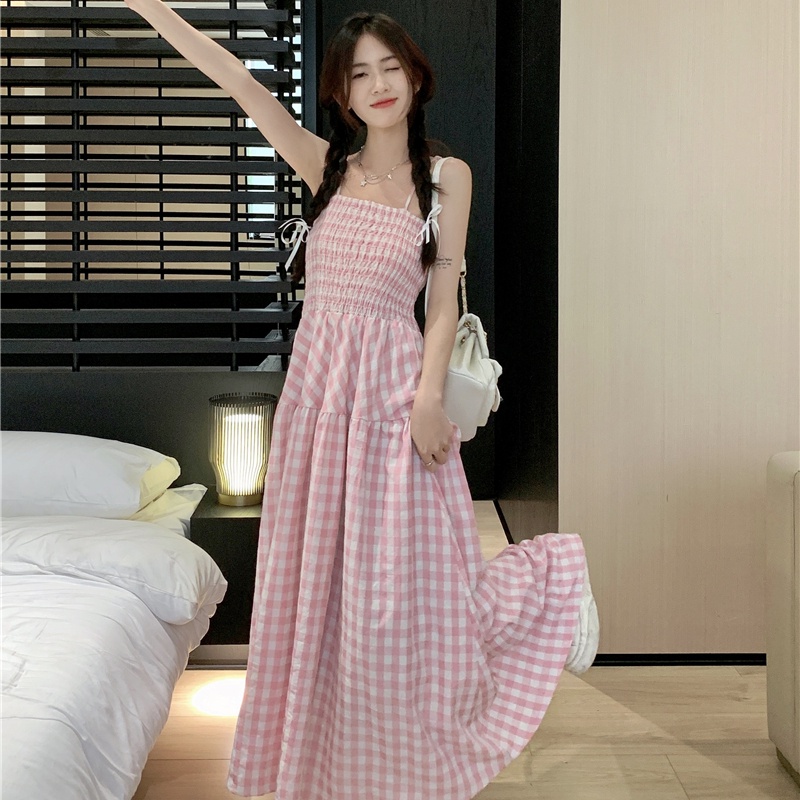 ZhuXia Đầm Hai Dây Họa Tiết Sọc Caro Màu Hồng Dễ Thương Chất Lượng Cao