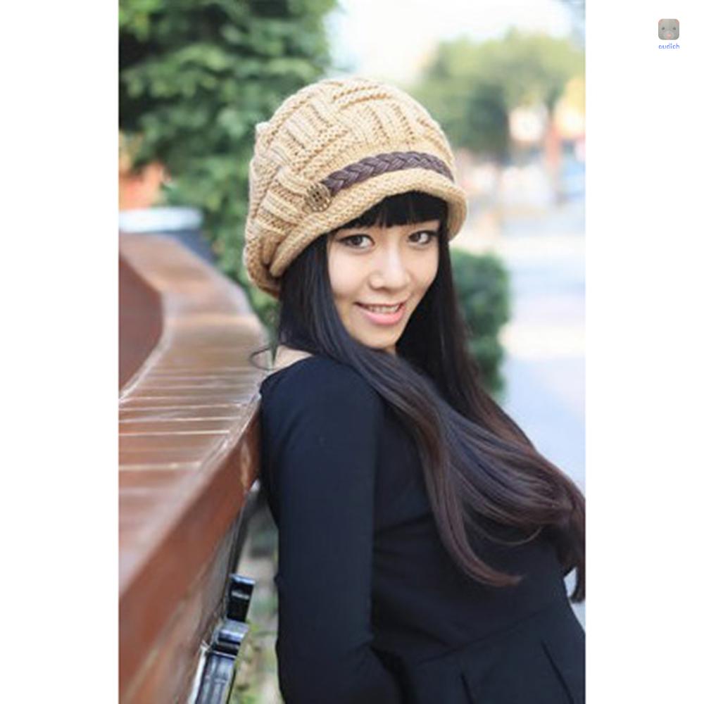 Mũ Len Beanie Dệt Kim Họa Tiết Kẻ Sọc Có Dây Thắt Lưng Bằng Da Thời Trang Mùa Đông Cho Nữ