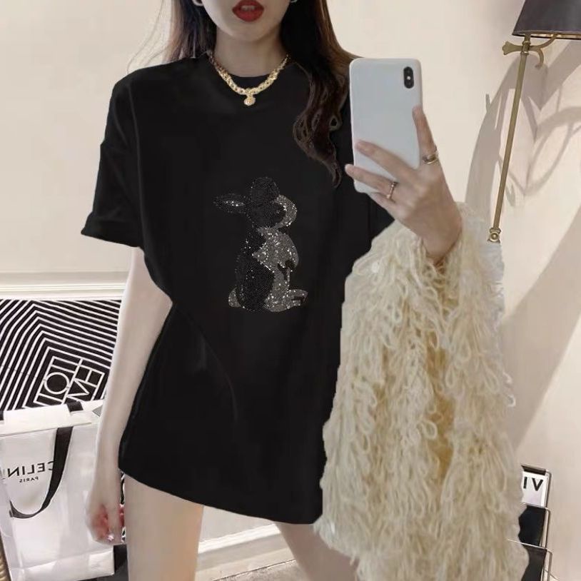 Áo Thun Tay Ngắn Dáng Rộng Bằng Vải Cotton Màu Trắng Trơn In Hình Thỏ Đính Đá Thời Trang Mùa Hè Phong Cách Mới Cho Nữ