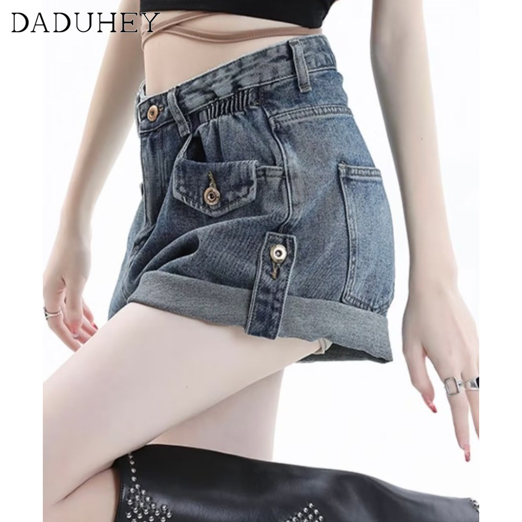 Quần short denim DADUHEY size lớn kiểu chữ A dáng rộng cạp cao nhiều túi thời trang mới Hàn Quốc
