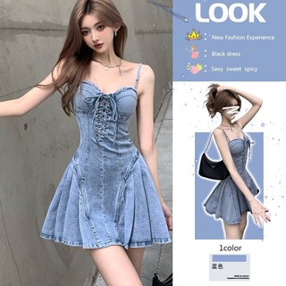 Đầm Denim Hai Dây Buộc Eo Thời Trang Mùa Hè Cao Cấp Quyến Rũ Cho Nữ