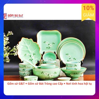 Bộ đồ ăn men xanh vẽ mai trắng G&T - Gốm Sứ Bát Tràng cao cấp