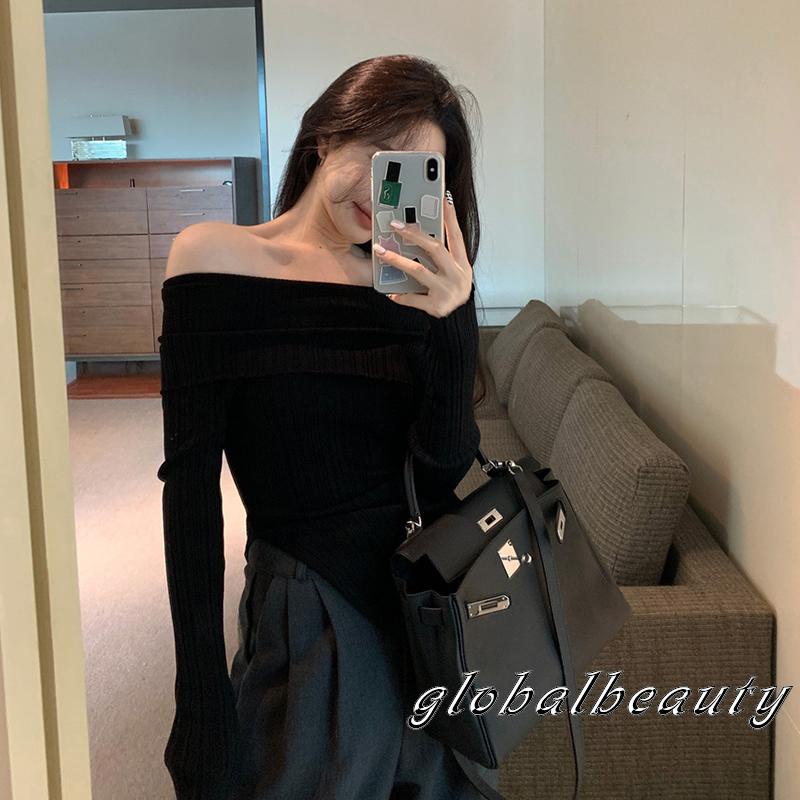 Áo Dệt Kim Dài Tay Trễ Vai Màu Sắc Đơn Giản Cho Nữ