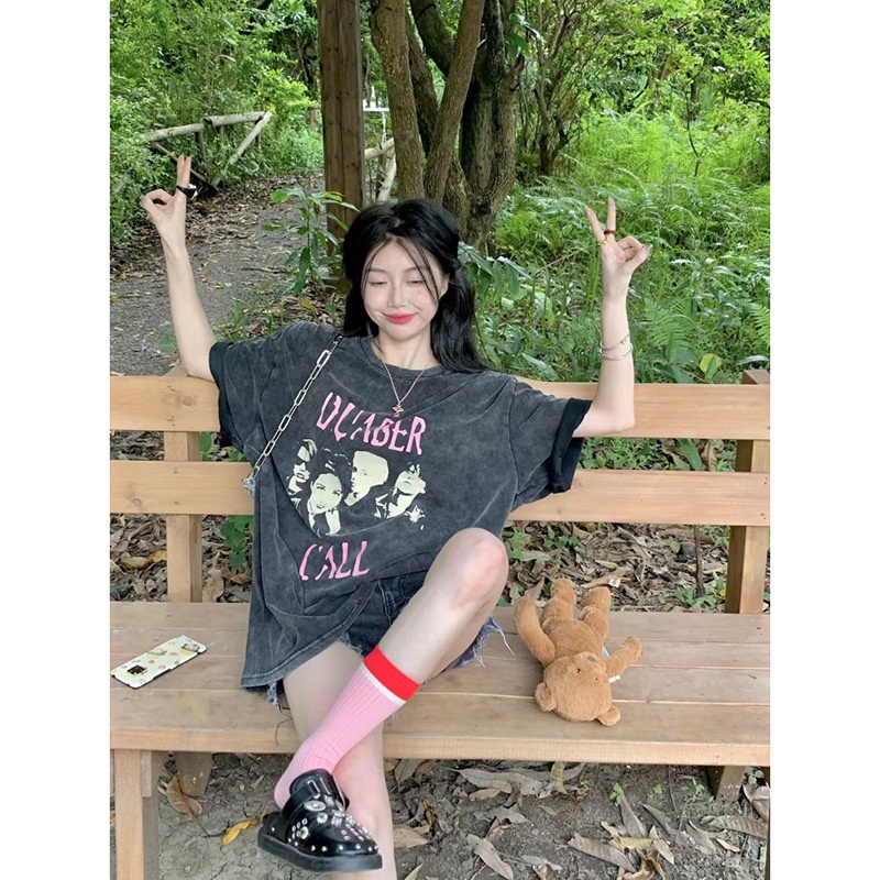 Áo Thun Ngắn Tay Dáng Rộng In Họa Tiết Phong Cách Retro