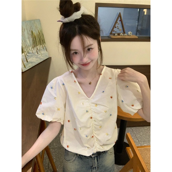 NZN Áo Kiểu Tay Phồng Ngắn Cổ Chữ V Thêu Họa Tiết Thời Trang Mùa Hè Mới