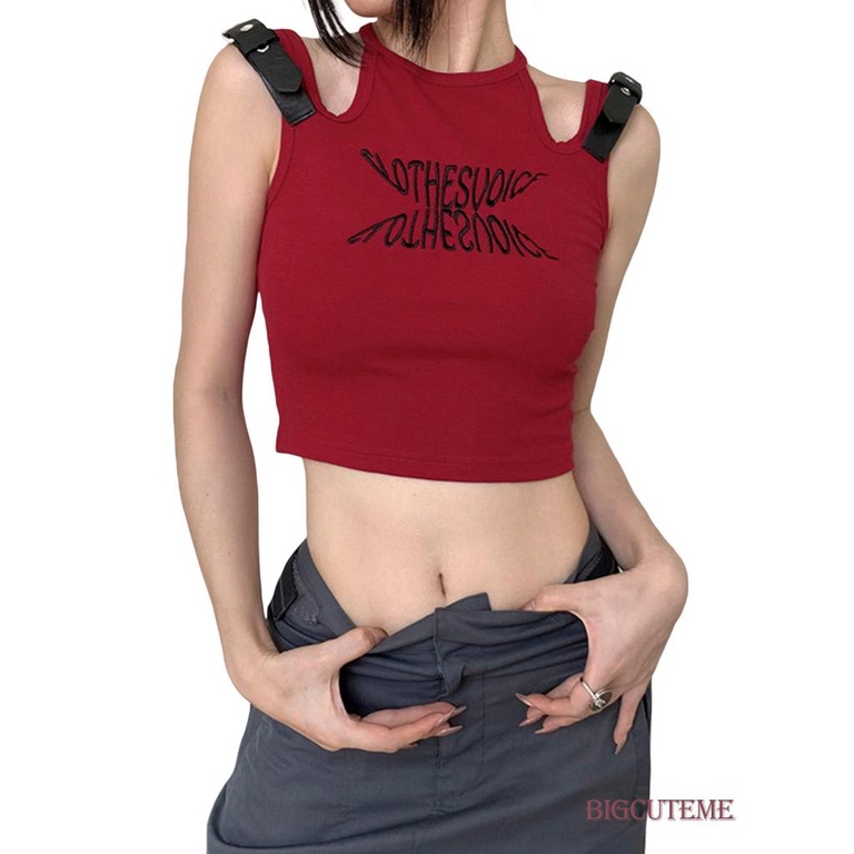 [] Áo Croptop Không Tay Cắt Xẻ Cơ Bản Thêu Chữ Mùa Hè Cho Nữ