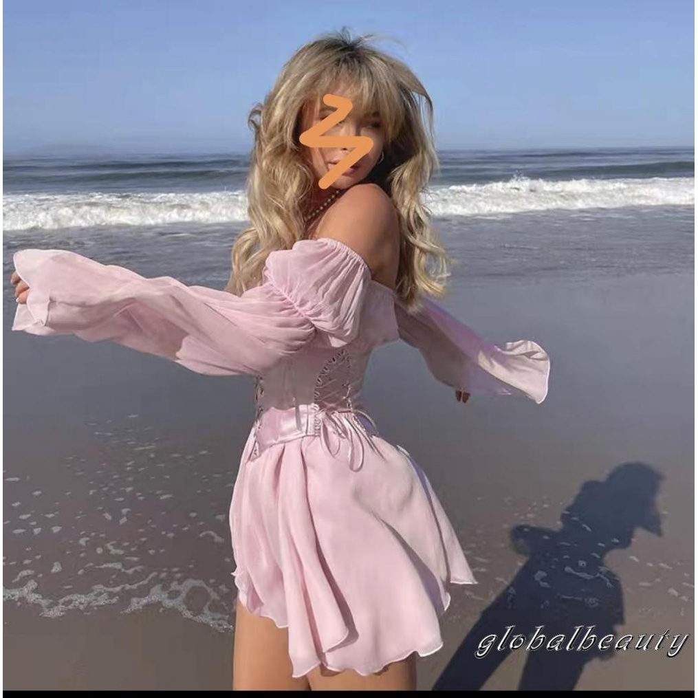 Đầm Tay Dài Cổ Thuyền Màu Trơn Phối Lưới Dáng Rộng Thời Trang Cho Nữ