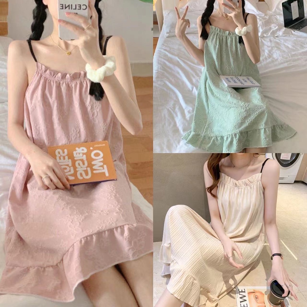 Đầm Ngủ Hai Dây Dáng Dài Rộng Thoải Mái Dễ Thương Phong Cách Nhật Hàn