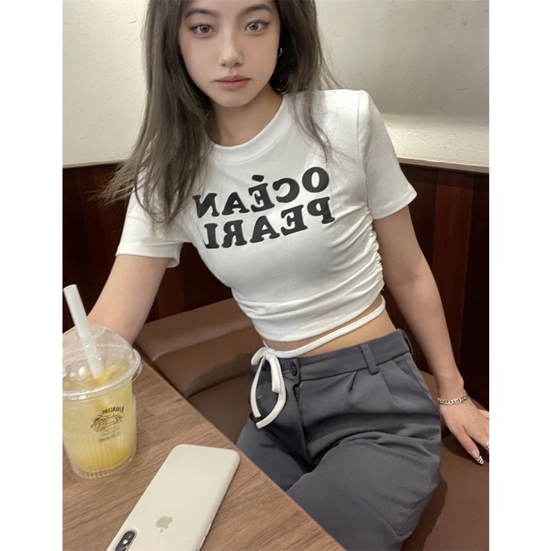 Áo baby tee Thun croptop Ngắn Tay In Chữ Thiết Kế Cột Dây Trước Ngực Thời Trang Mùa Hè Cho Nữ