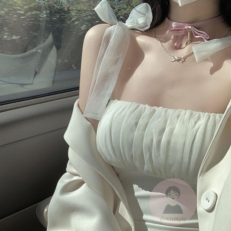 Áo Tulle Mỏng Không Tay Thiết Kế Cột Dây Thời Trang Mùa Hè Cho Nữ