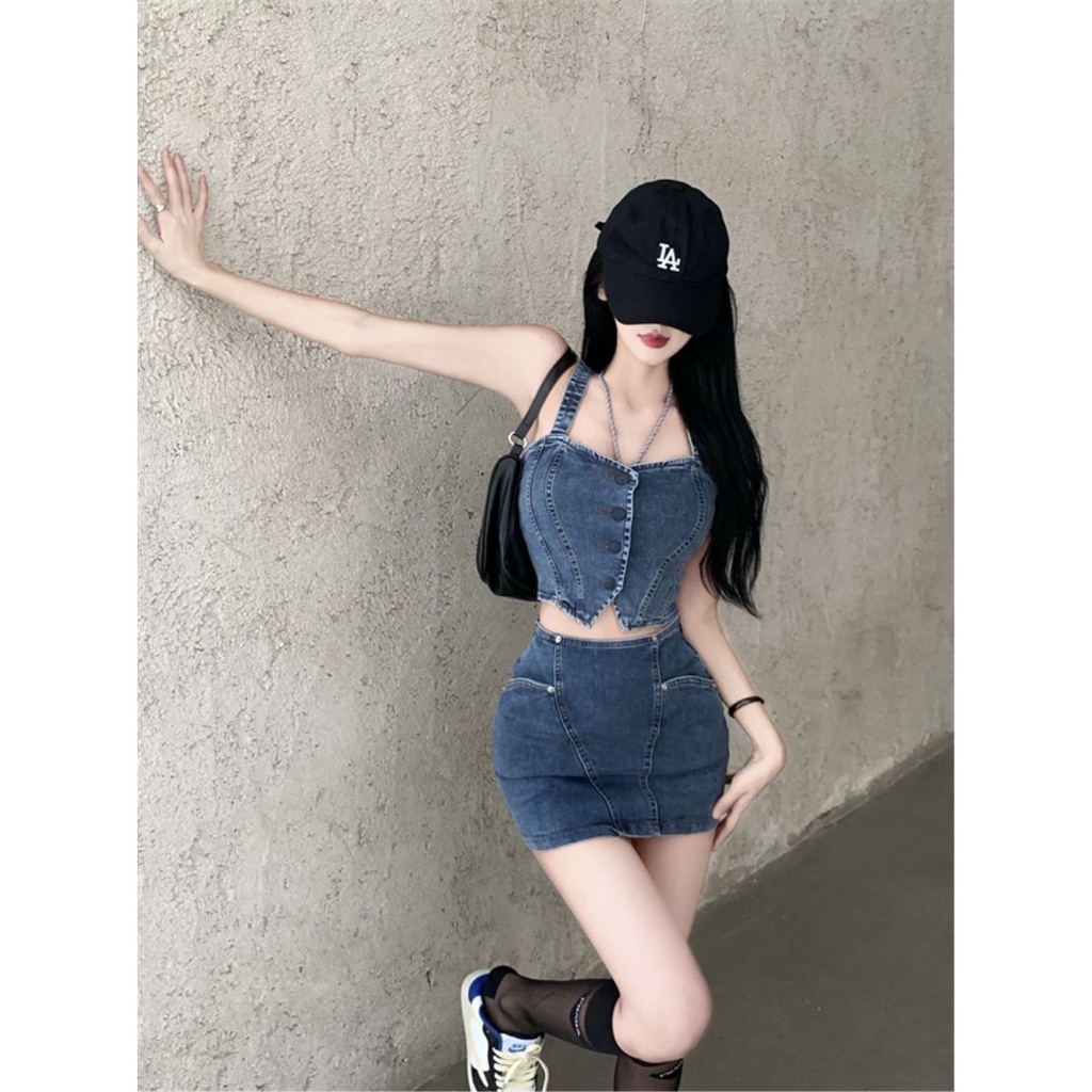 Bộ Áo Hai Dây Phối Chân Váy Denim Chữ a Lưng Cao Thời Trang Mùa Hè Cho Bạn Gái