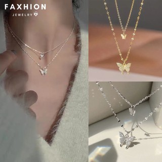 Faxhion Phong Cách Hàn Quốc Sáng Bóng Bướm Mặt Dây Chuyền Hai Lớp Vòng Cổ Dành Cho Nữ Bé Gái Xương Đòn Dây Chuyền Phụ Kiện Trang Sức