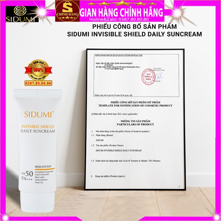 Kem chống nắng chống ánh sáng xanh chính hãng Sidumi hàn quốc kcn cho da dầu mụn nhờn nhạy cảm khô kiềm dầu nâng tone